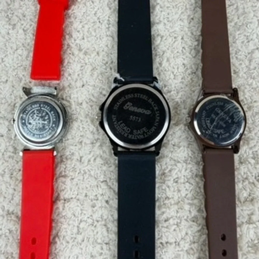 Geneva Women Silicone Band Watch Lot Red Black Brown Rhinestone Bezel 3pc Bundle